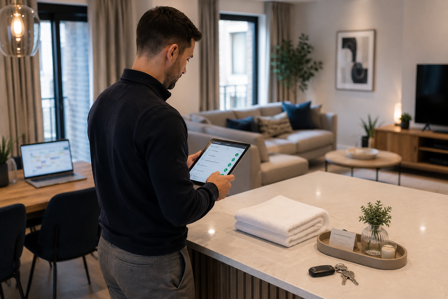 A short-let property manager completing a readiness check in a prepared apartment.