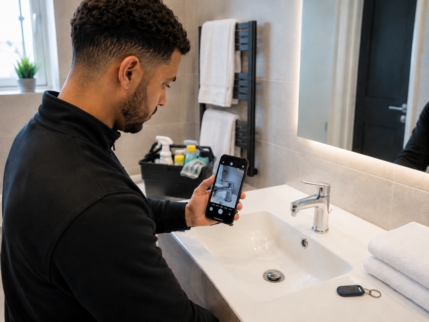 Property inspector photographing a bathroom fixture after a turnover.