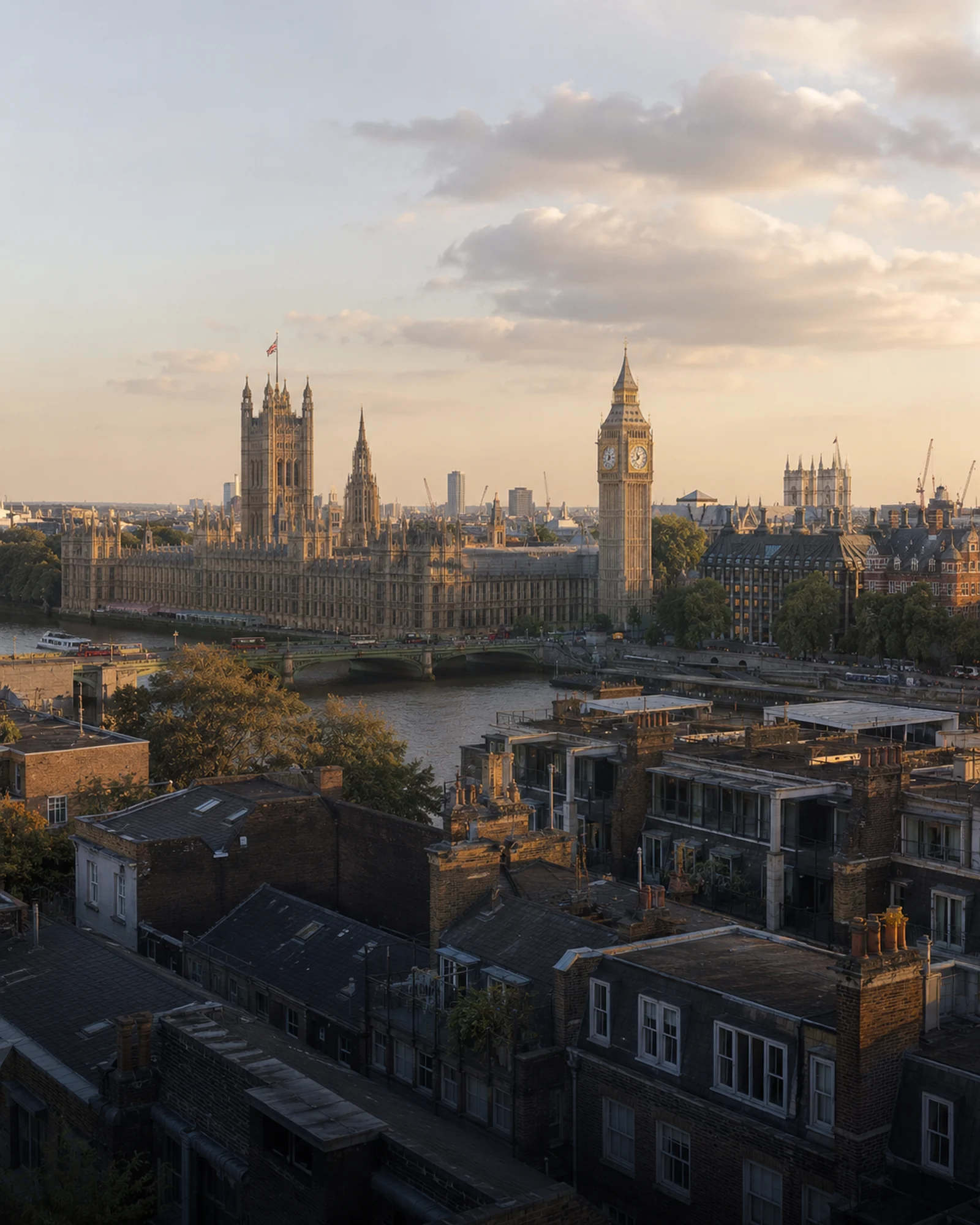The Palace of Westminster and Big Ben above the Thames and Westminster Bridge at golden hour.