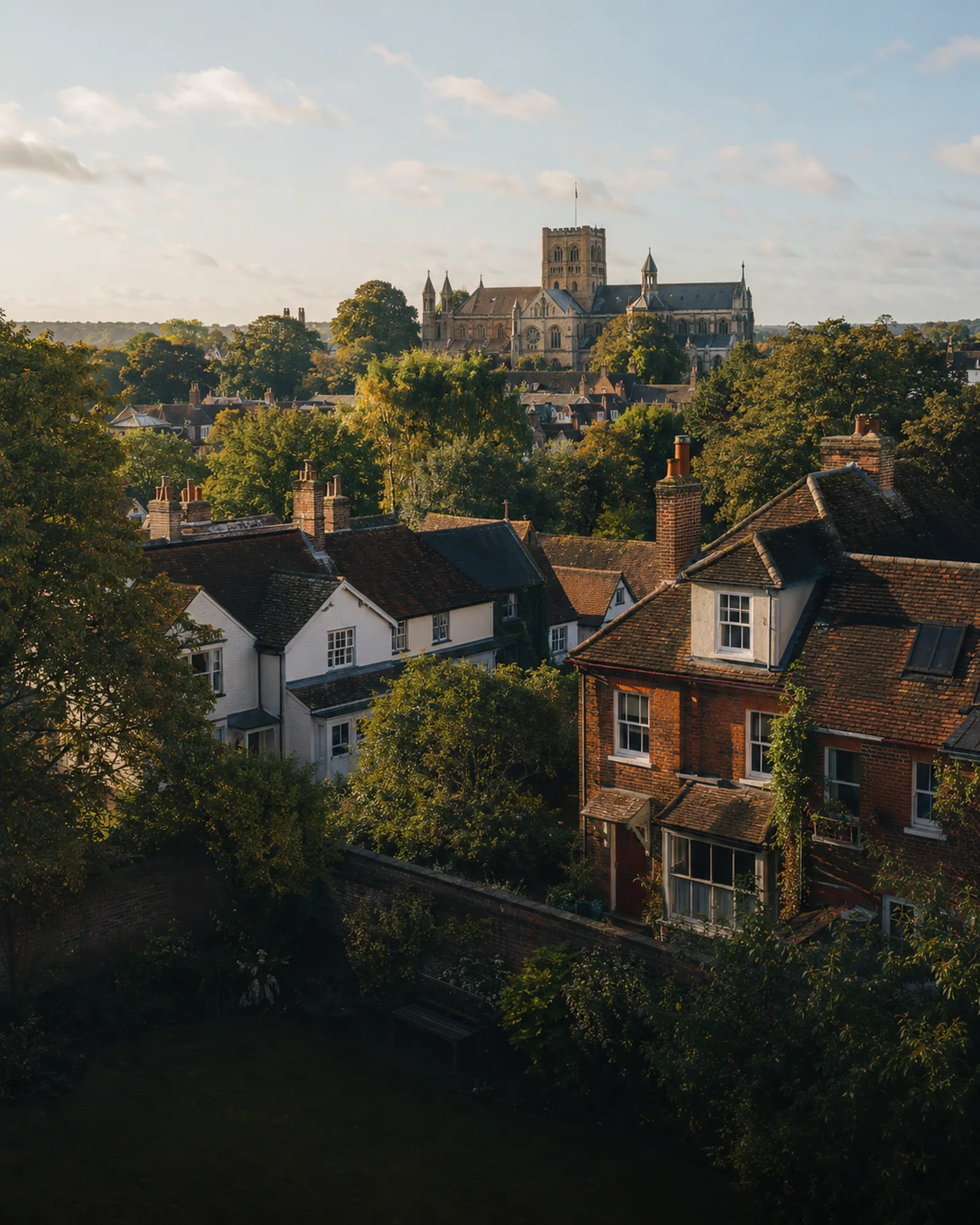St Albans Cathedral rising above Hertfordshire rooftops and mature trees at golden hour.